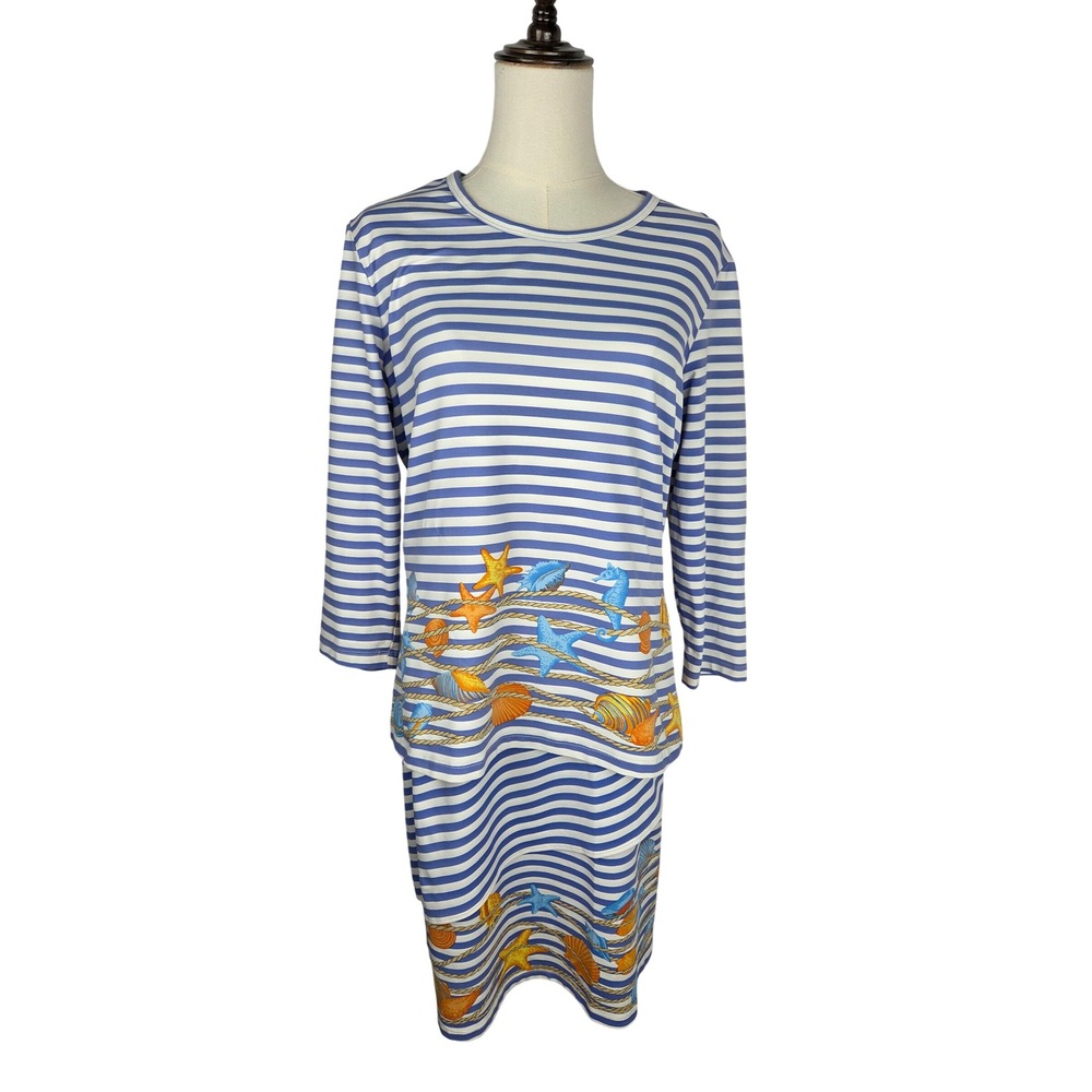 J. McLaughlin Catalina Cloth Skirt Set Large Blue White Striped Seashell Coastal